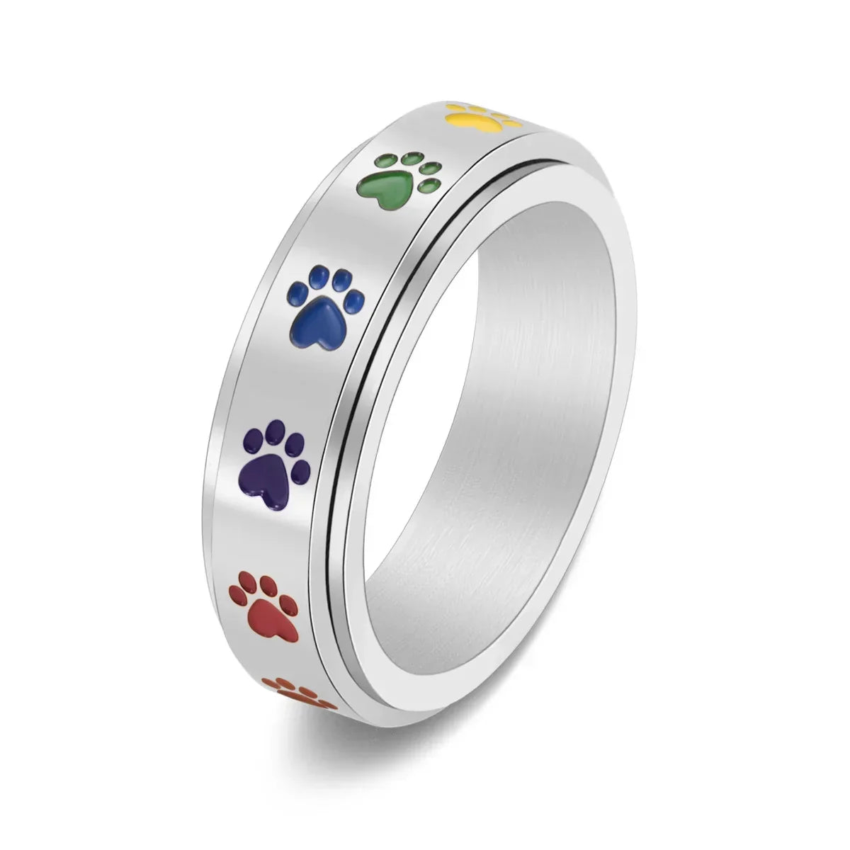 Drehbarer Anti-Stress Pfoten-Ring – Edelstahl mit Regenbogen-Pfoten
