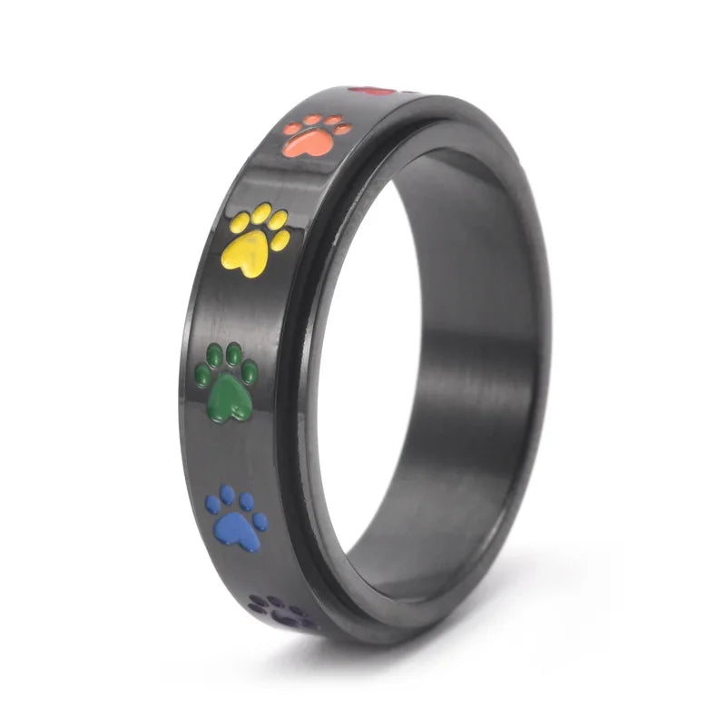 Drehbarer Anti-Stress Pfoten-Ring – Edelstahl mit Regenbogen-Pfoten