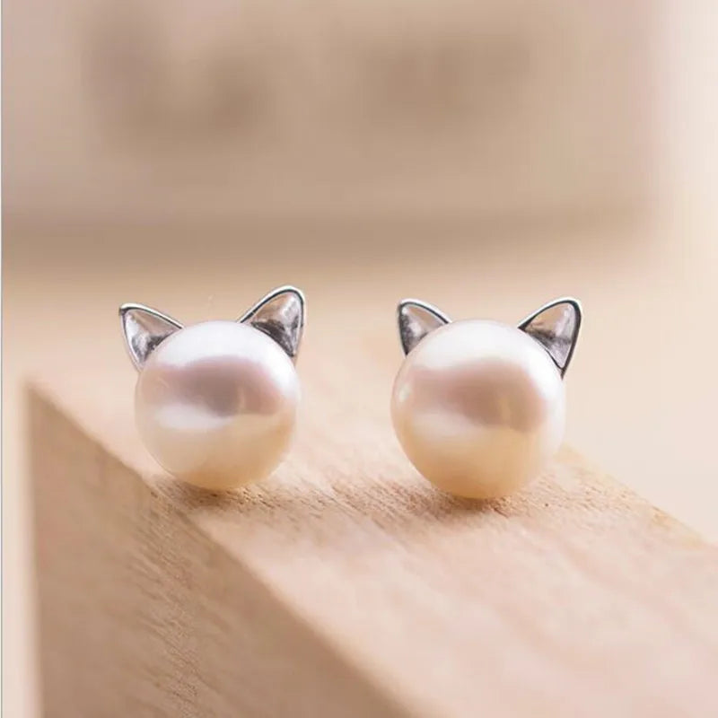 Sterling-Silber Katzen-Perlen-Ohrstecker