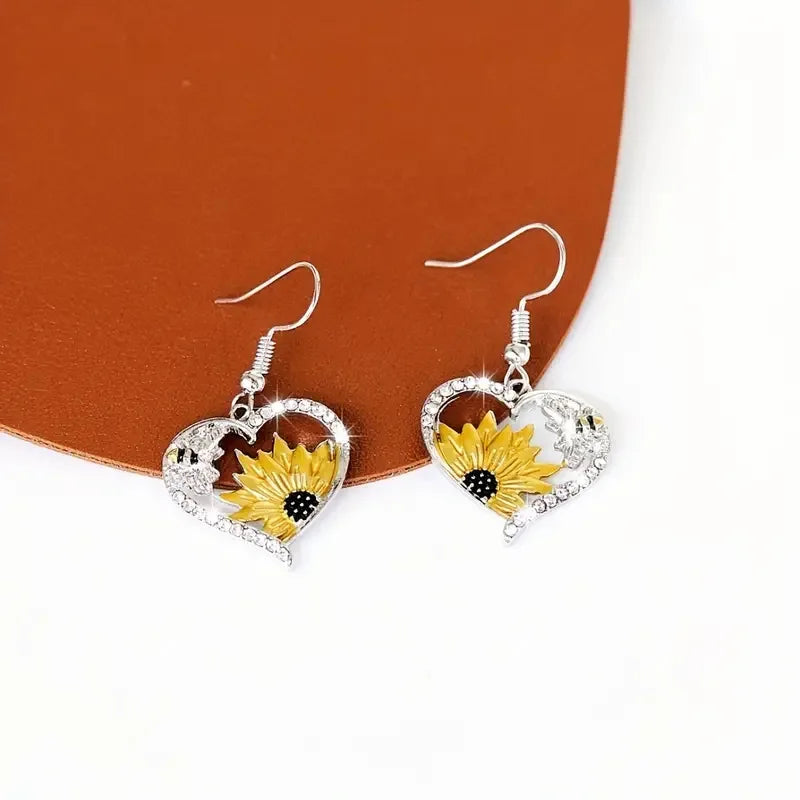 Vintage Boho Sonnenblume & Biene Herz-Ohrringe