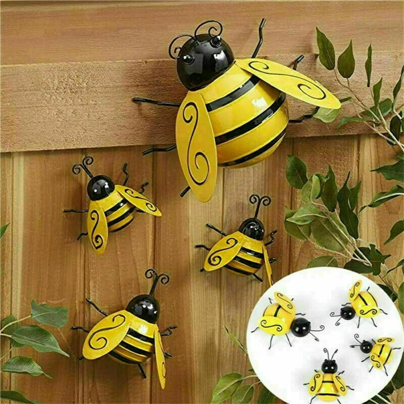 Virellia Lebendes Metall Bienen Wandkunst Set | 4-teilig | Garten- und Außenwanddekoration