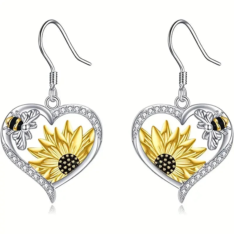 Vintage Boho Sonnenblume & Biene Herz-Ohrringe