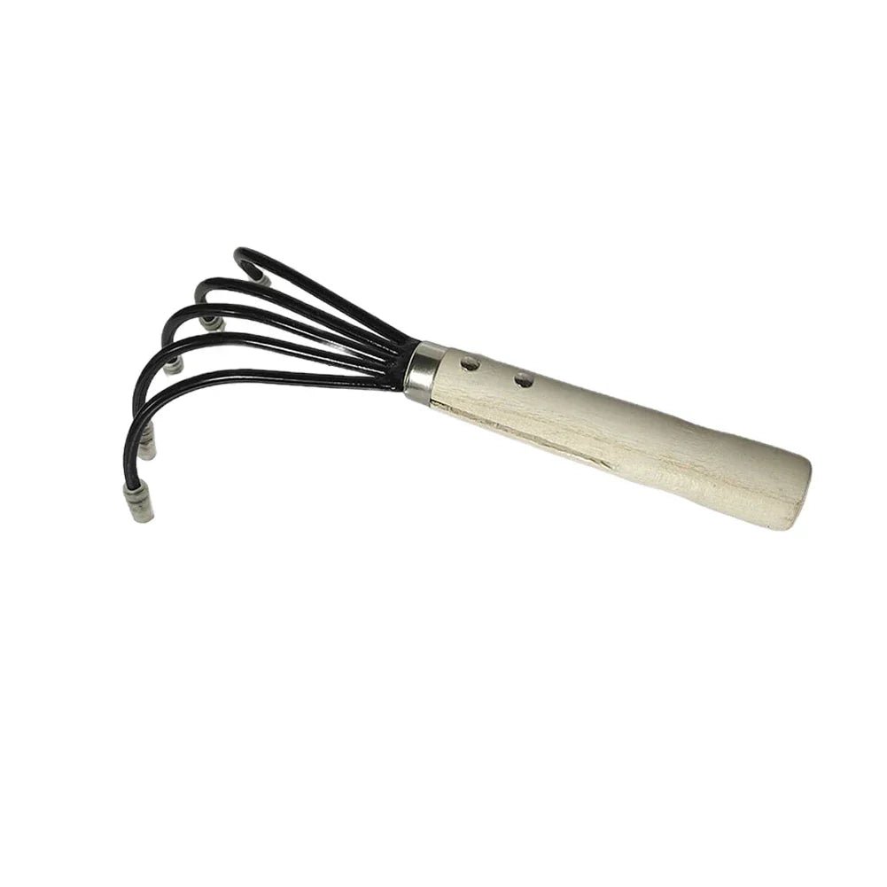 Grünvaro 5-Zinken Handrechen | Mini Hacke & Gartenkultivator | Klinge aus Kohlenstoffstahl | Holzgriff | 38 × 21 × 8,5 cm