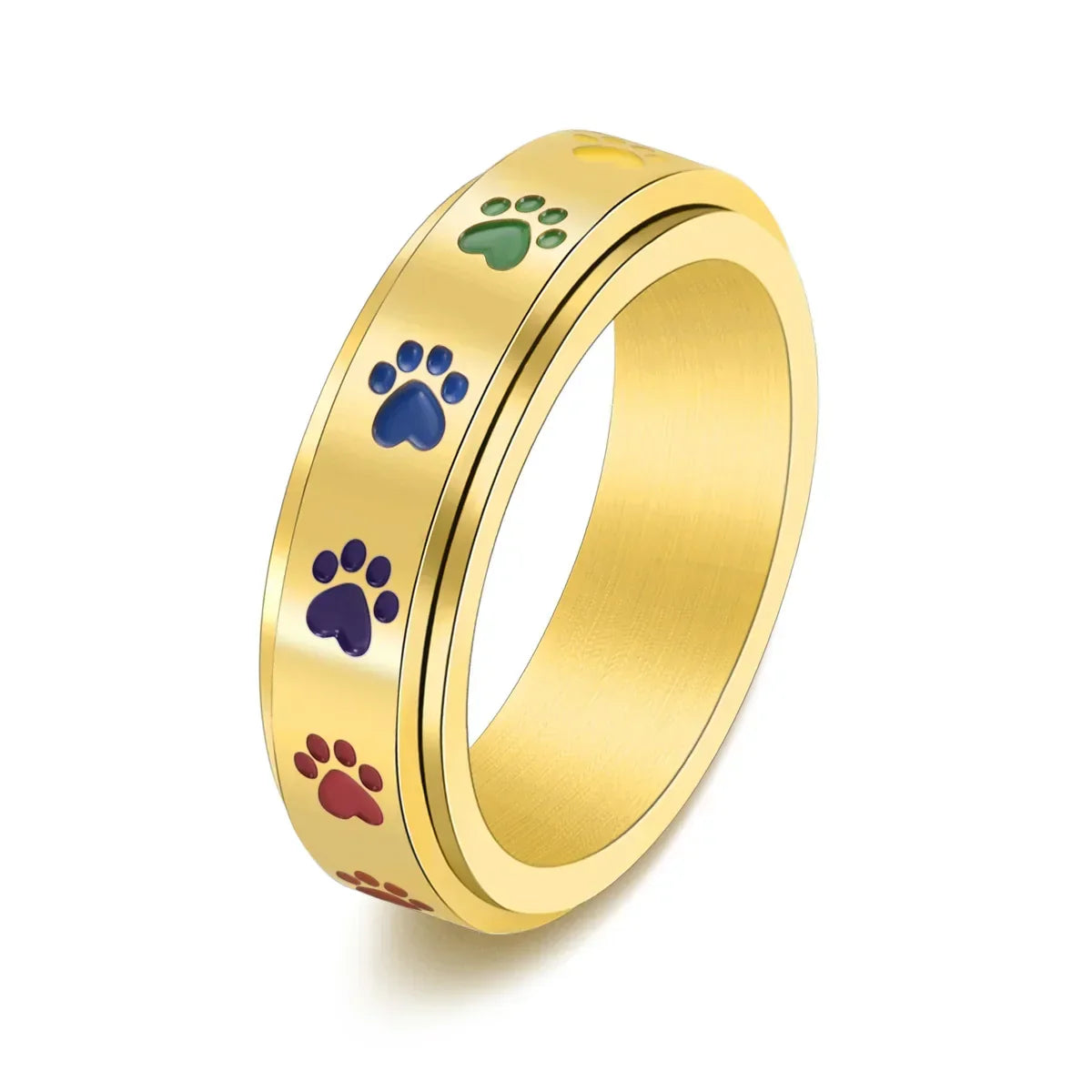 Drehbarer Anti-Stress Pfoten-Ring – Edelstahl mit Regenbogen-Pfoten