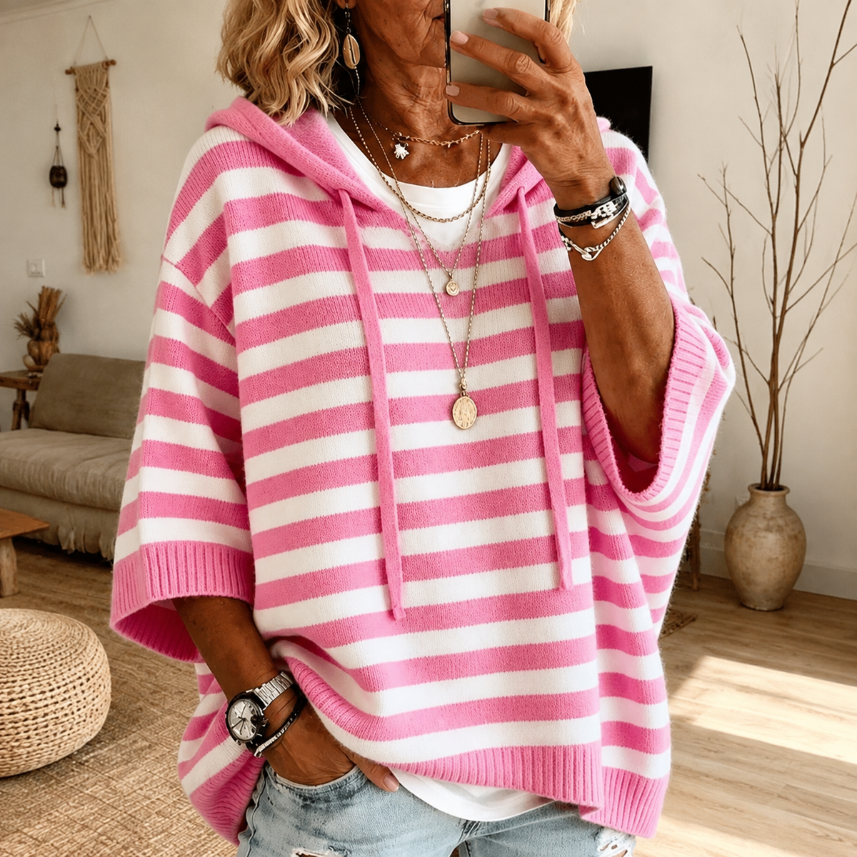 Damen Kapuzen-Poncho-Pullover mit Kordelzug und Streifenmuster