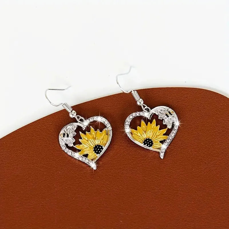 Vintage Boho Sonnenblume & Biene Herz-Ohrringe
