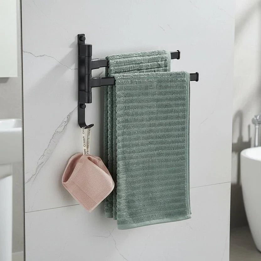 Handtuchhalter Metall mit 2 Armen | Platzsparende Wandmontage für Badezimmer, Gästetoilette und Küche | Schwarz, Stabil im Alltag