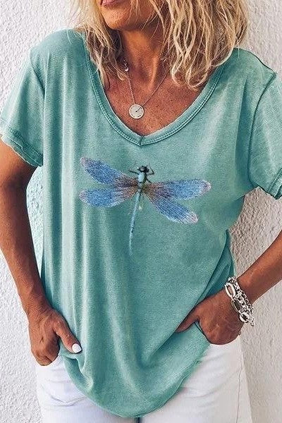 T-Shirt mit V-Ausschnitt Damen Lockere Passform mit Frontprint