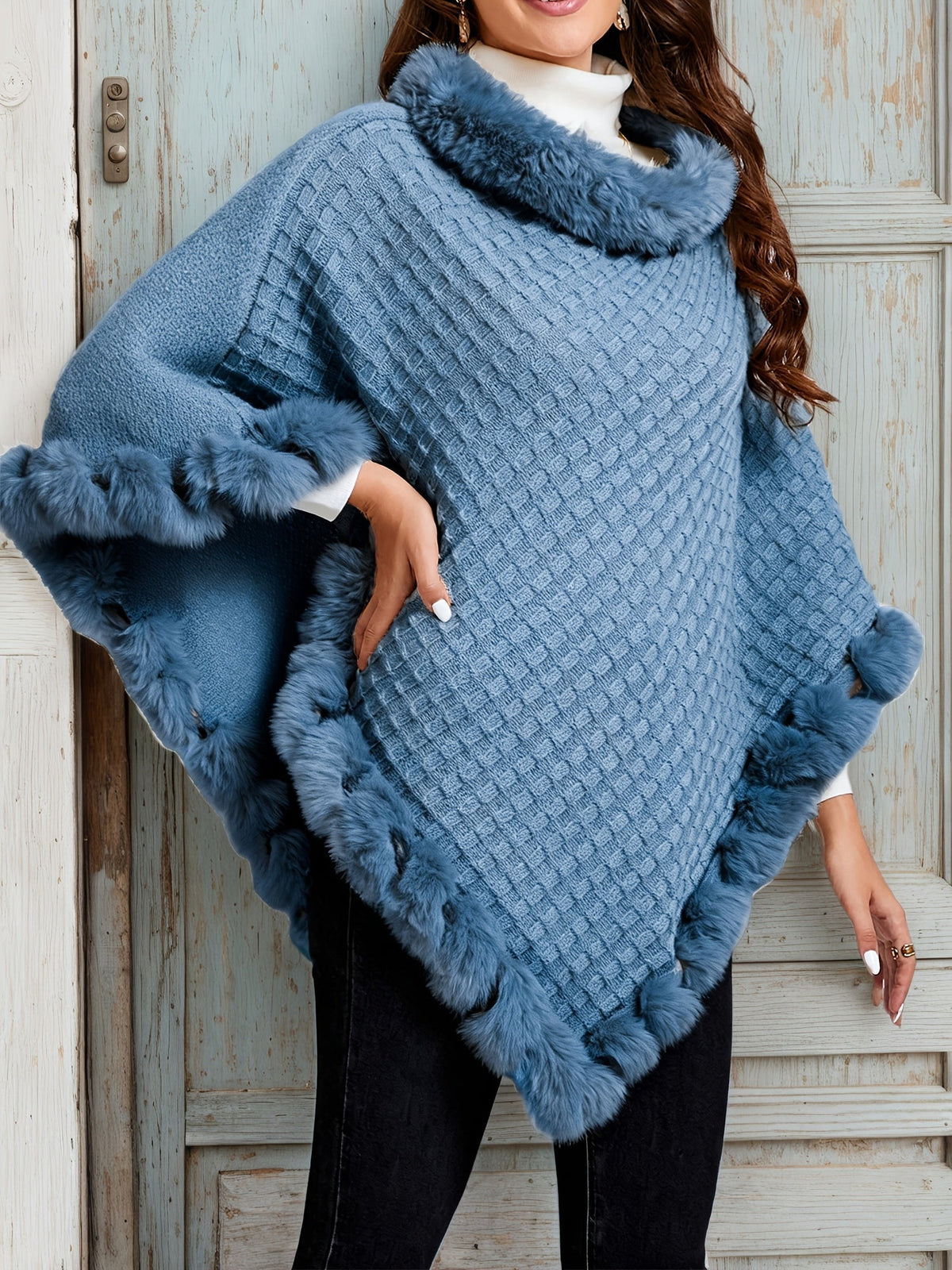 Damen Poncho mit Kragen und Rautenmuster
