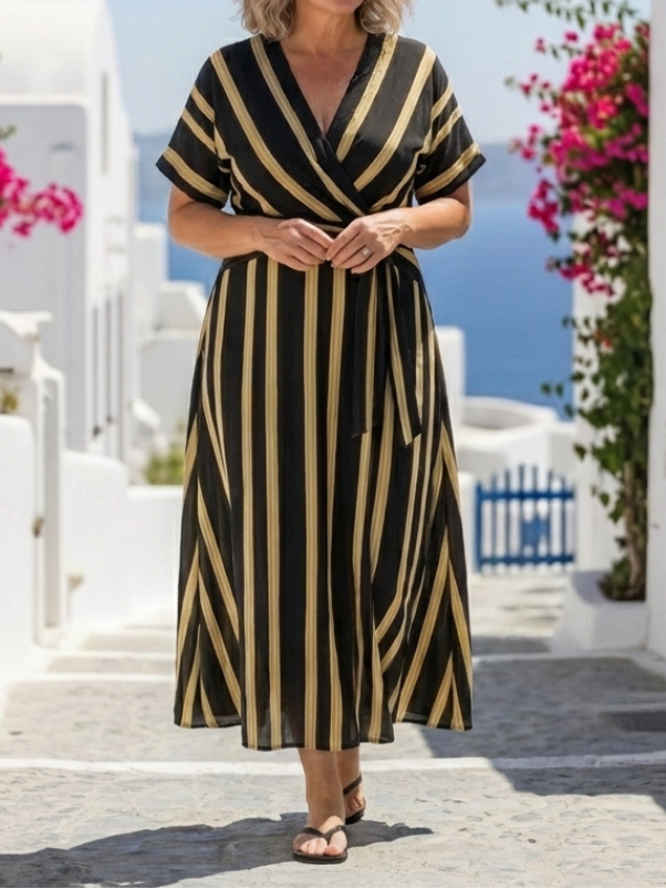 Lina - Kurzärmliges Maxikleid mit V-Ausschnitt