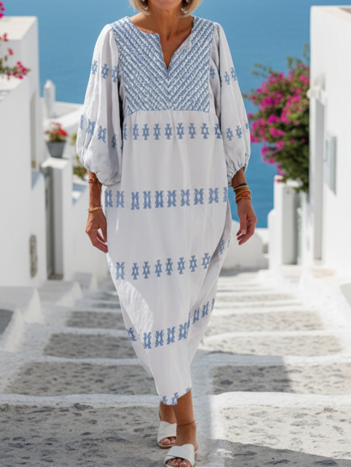 Evadne - V-ausschnitt Langarm Besticktes Maxikleid