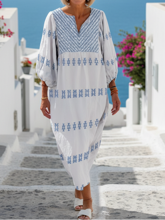 Evadne - V-ausschnitt Langarm Besticktes Maxikleid