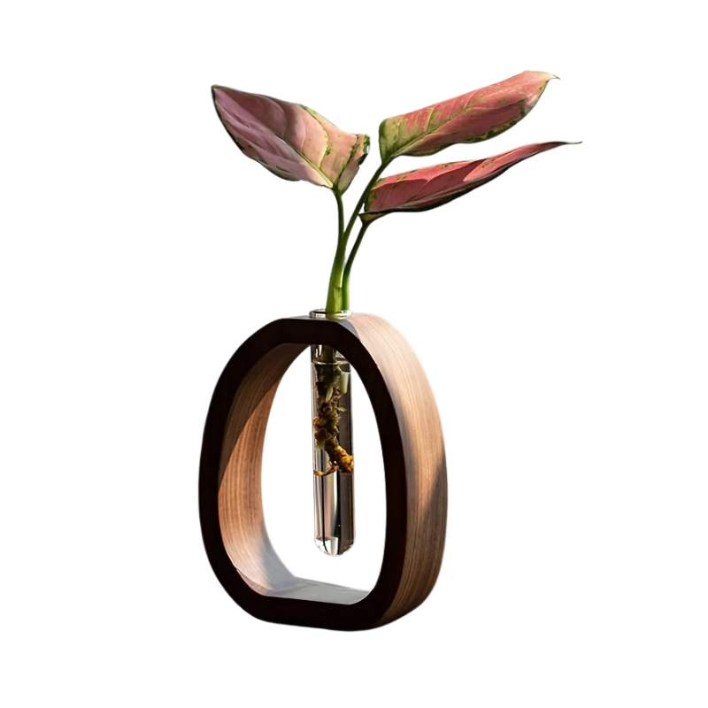 Vase mit Holzrahmen und Reagenzglas – Minimalistische Tischdeko