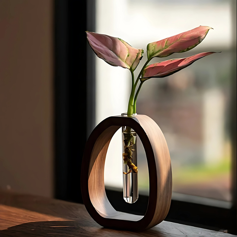 Vase mit Holzrahmen und Reagenzglas – Minimalistische Tischdeko