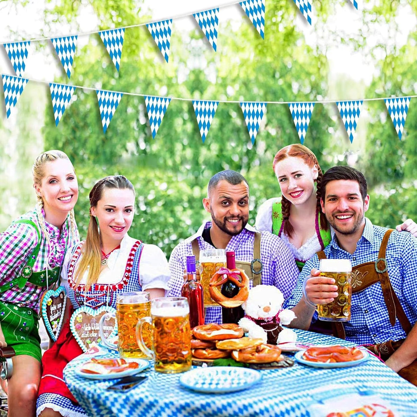 Oktoberfest Wimpelkette | 40 m Länge | Bayerisches Blau-Weiß Kariert | Wasserfest & Wiederverwendbar