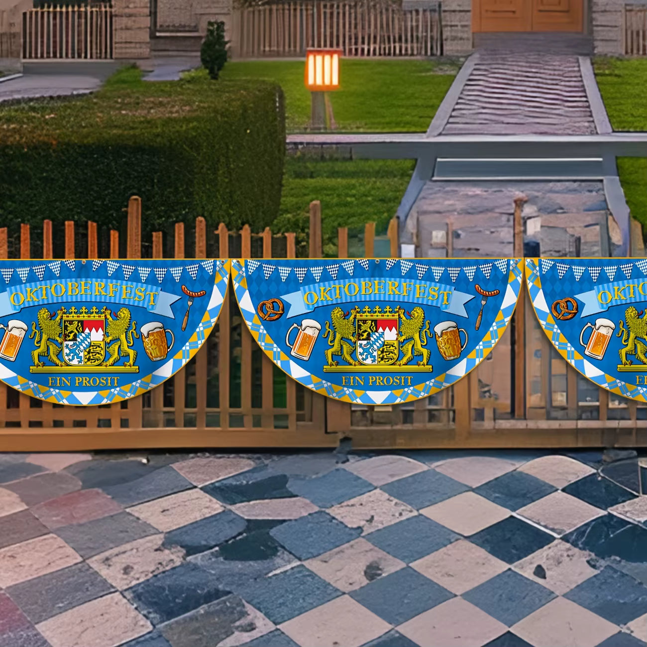 Oktoberfest Party Dekoration | Blau-weiß kariertes bayrisches Faltenfächer-Wimpel | Hängendes Banner