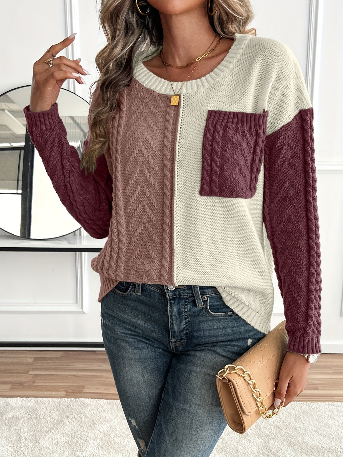 Delia | Damen Pullover mit Rundhalsausschnitt und Tasche