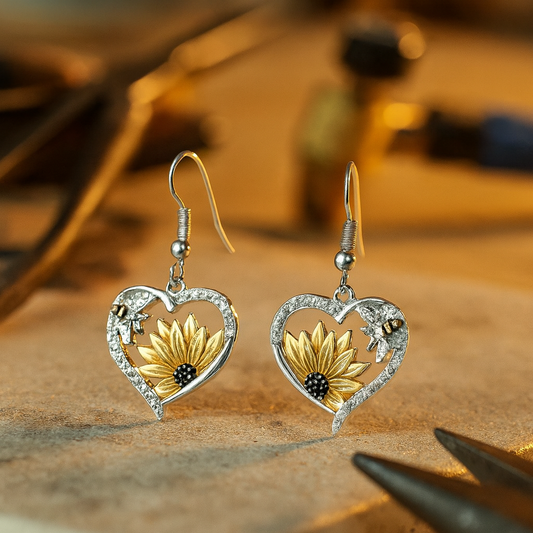 Vintage Boho Sonnenblume & Biene Herz-Ohrringe