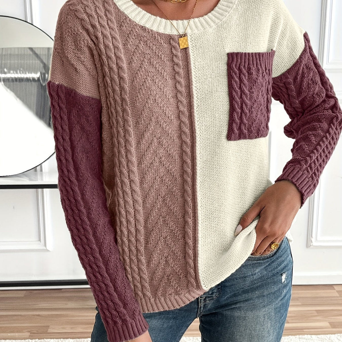 Delia | Damen Pullover mit Rundhalsausschnitt und Tasche