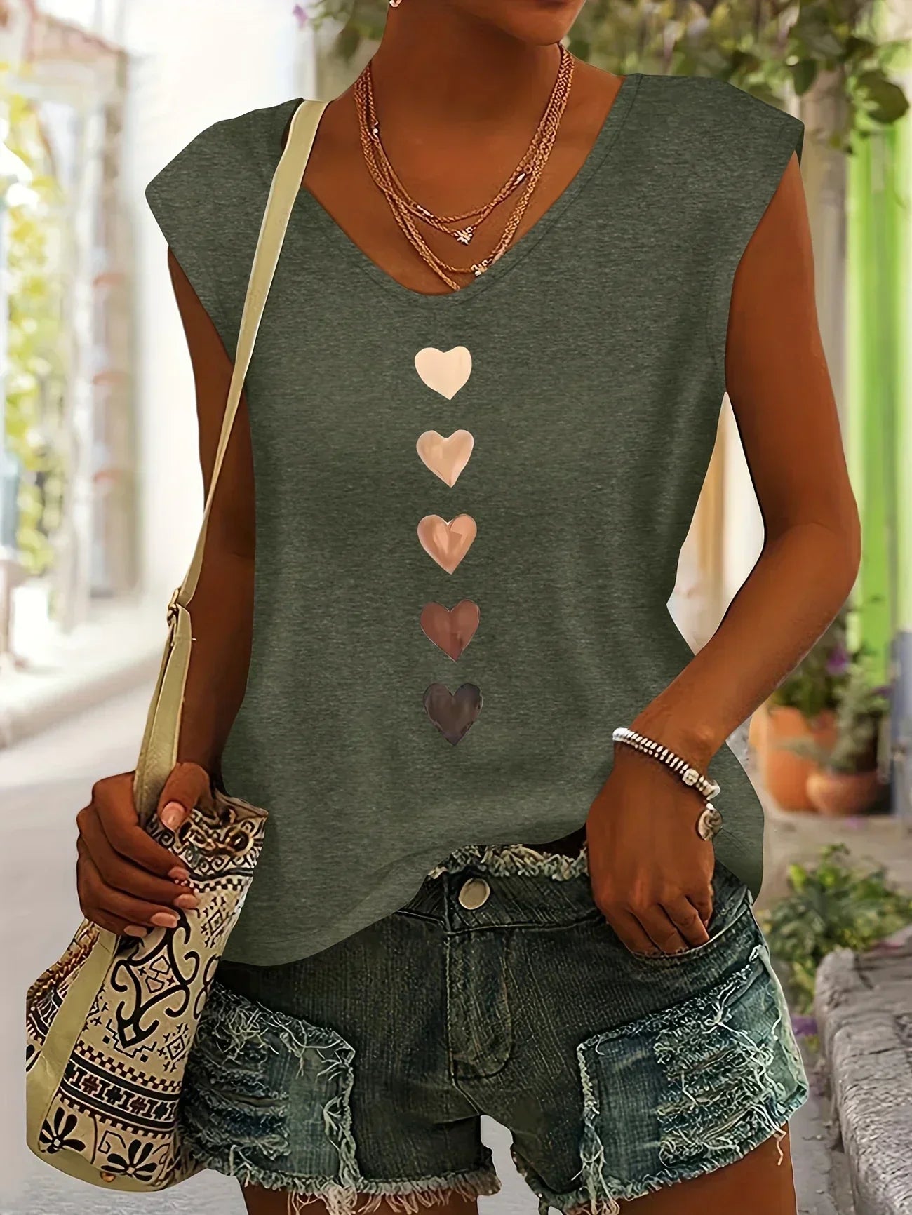 Amouryn | Herzprint-Shirt mit V-Ausschnitt und lässiger Leichtigkeit