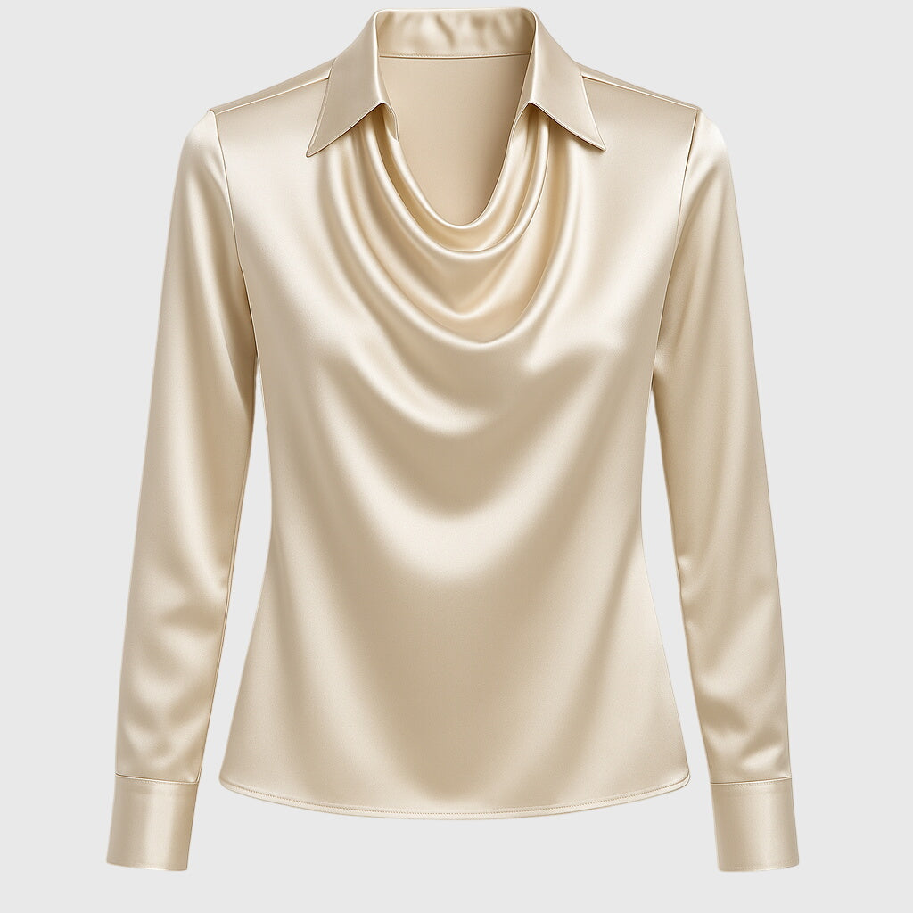 Sylvia – Bluse mit luxuriösem Glanz und Faltenkragen