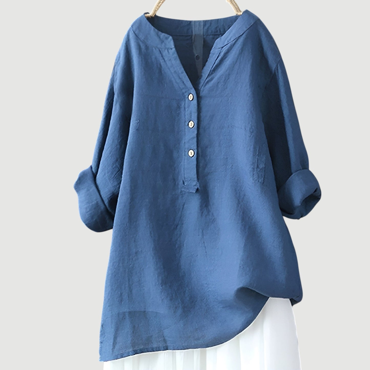Damen-Freizeitbluse mit langen Ärmeln – V-Schlitz-Ausschnitt und abgerundetem Saum