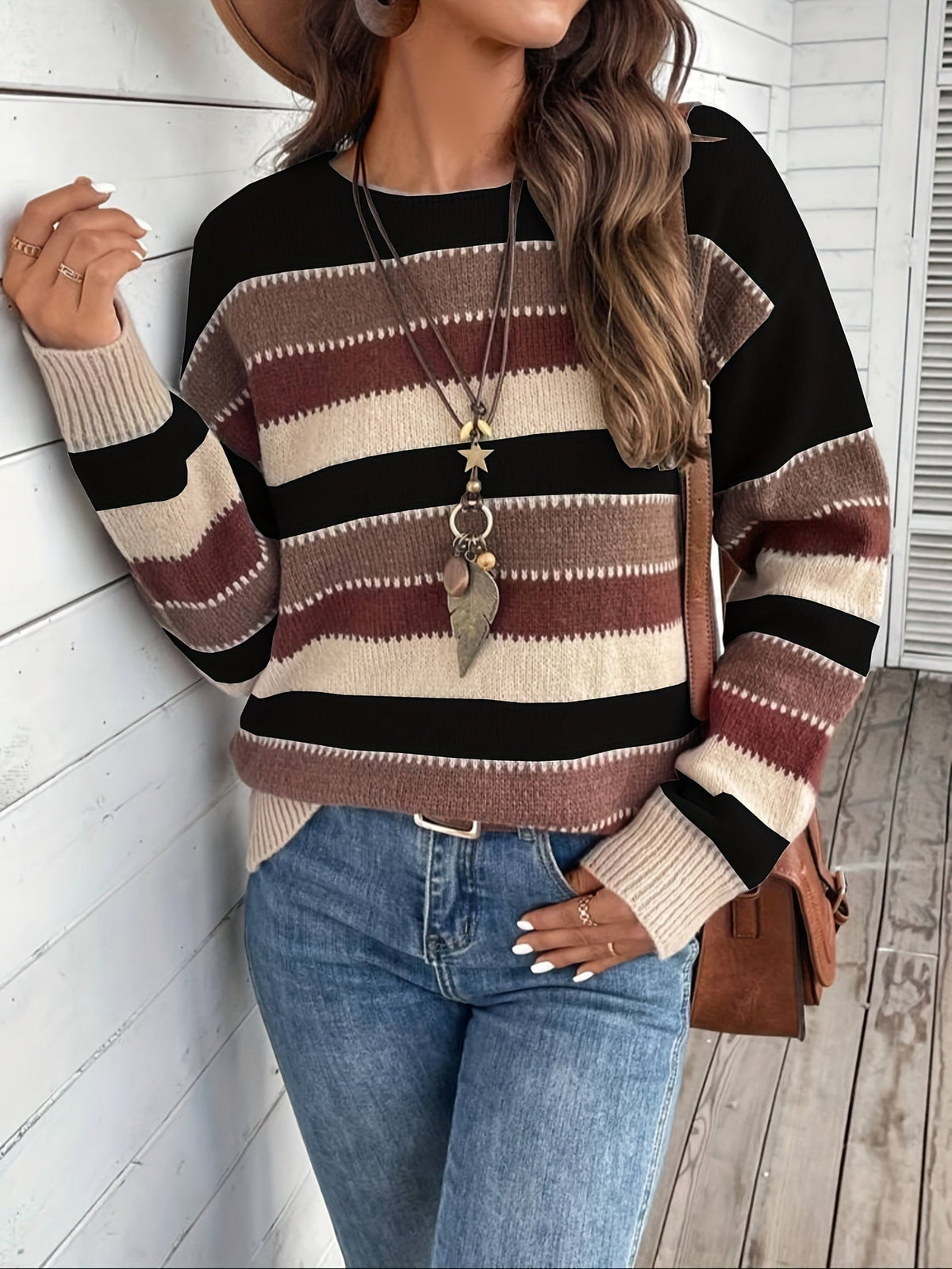 Delphine | Damen gestreifter Pullover mit Rundhalsausschnitt