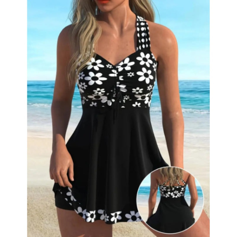 Lily – Schwarzes Damen-Tankini mit floralem Muster und voll bedeckenden Boyshorts