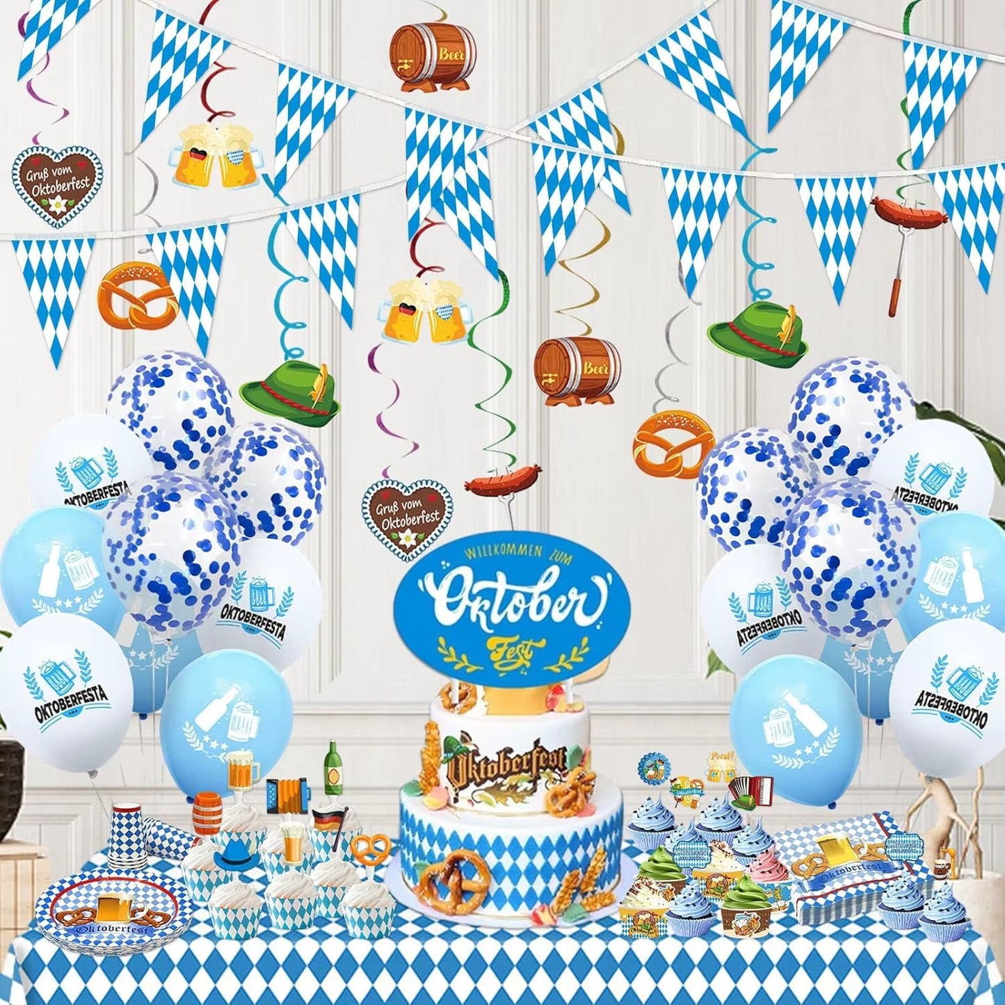 Oktoberfest Wimpelkette | 40 m Länge | Bayerisches Blau-Weiß Kariert | Wasserfest & Wiederverwendbar