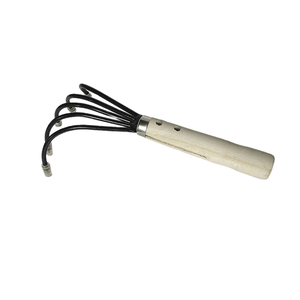 Grünvaro 5-Zinken Handrechen | Mini Hacke & Gartenkultivator | Klinge aus Kohlenstoffstahl | Holzgriff | 38 × 21 × 8,5 cm