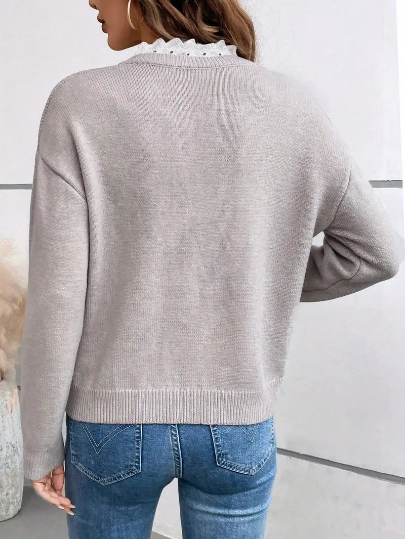 Kaitlyssa | Damen V-Ausschnitt Pullover mit Spitze