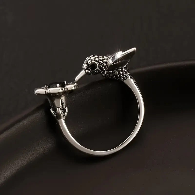 Kolibri & Blüten Ring – Verstellbarer offener Vogelring für Frauen