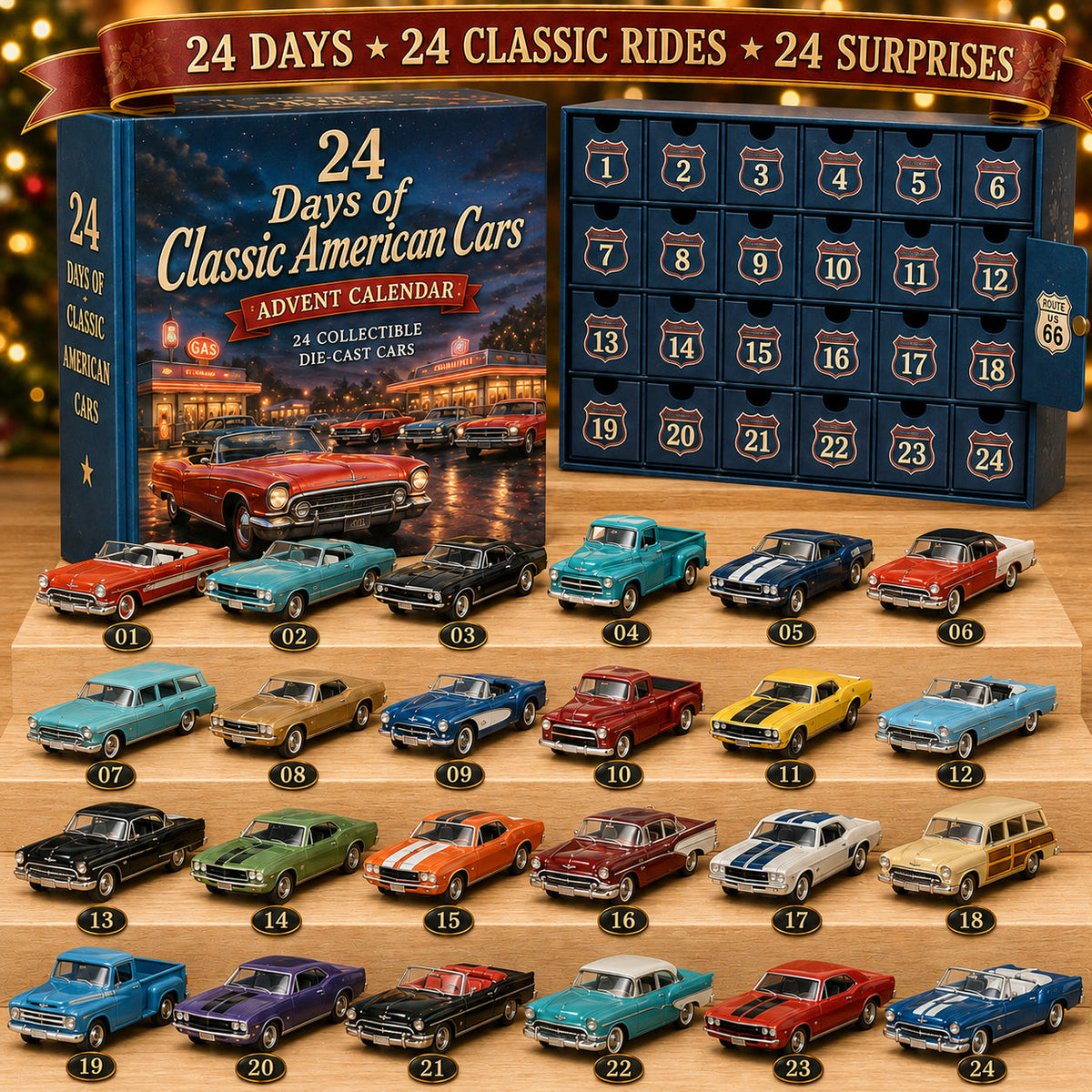 Adventskalender für Auto-Fans | 24 US-Auto-Miniaturen | Sammlerdisplay