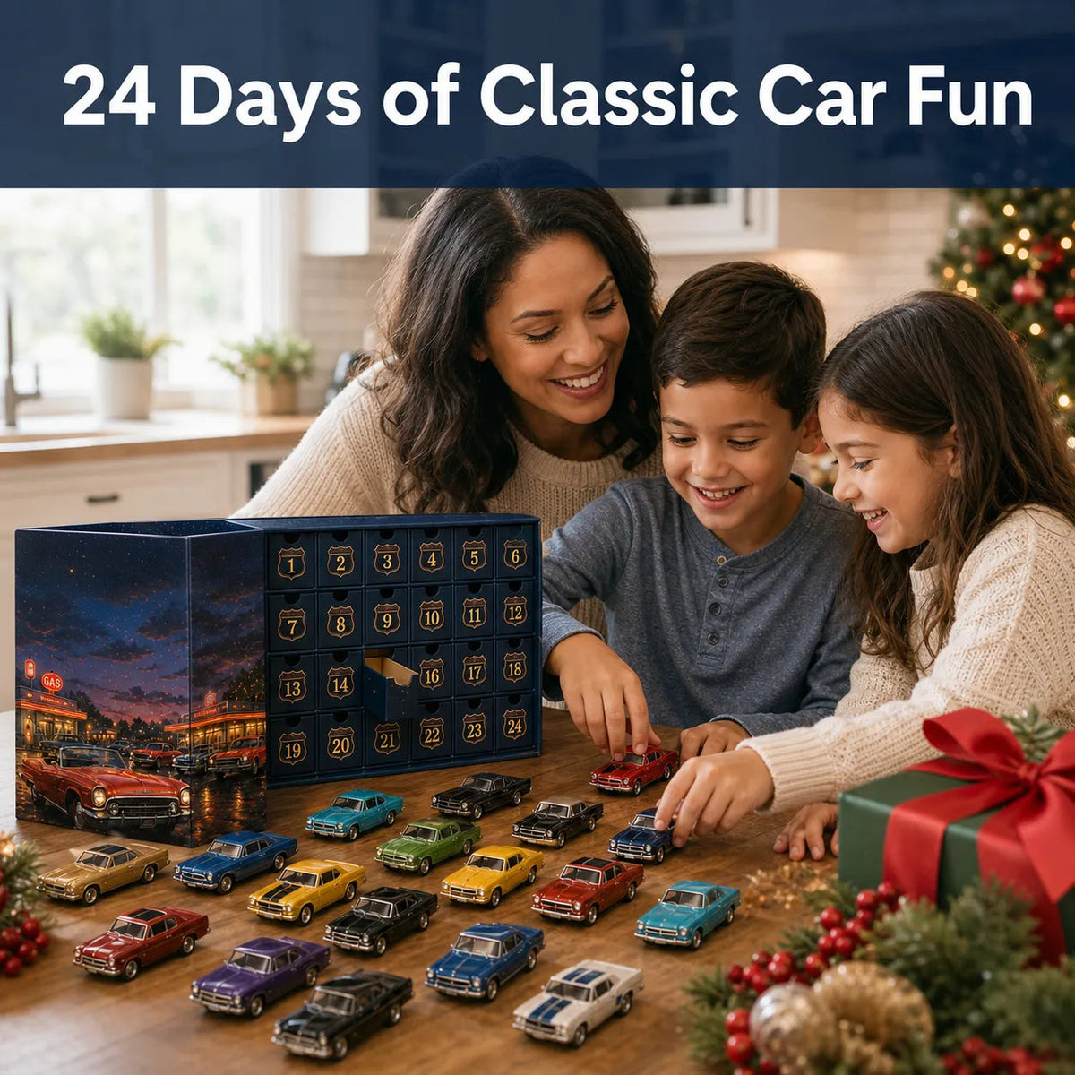 Adventskalender für Auto-Fans | 24 US-Auto-Miniaturen | Sammlerdisplay