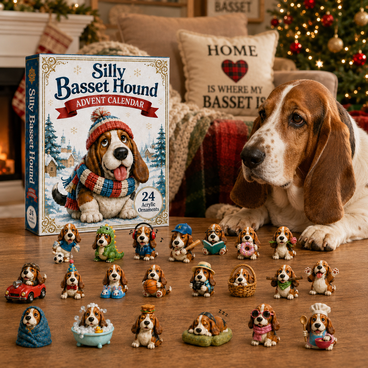 Adventskalender für Basset-Hound-Fans | 24 Acryl-Anhänger | Weihnachtsdesign