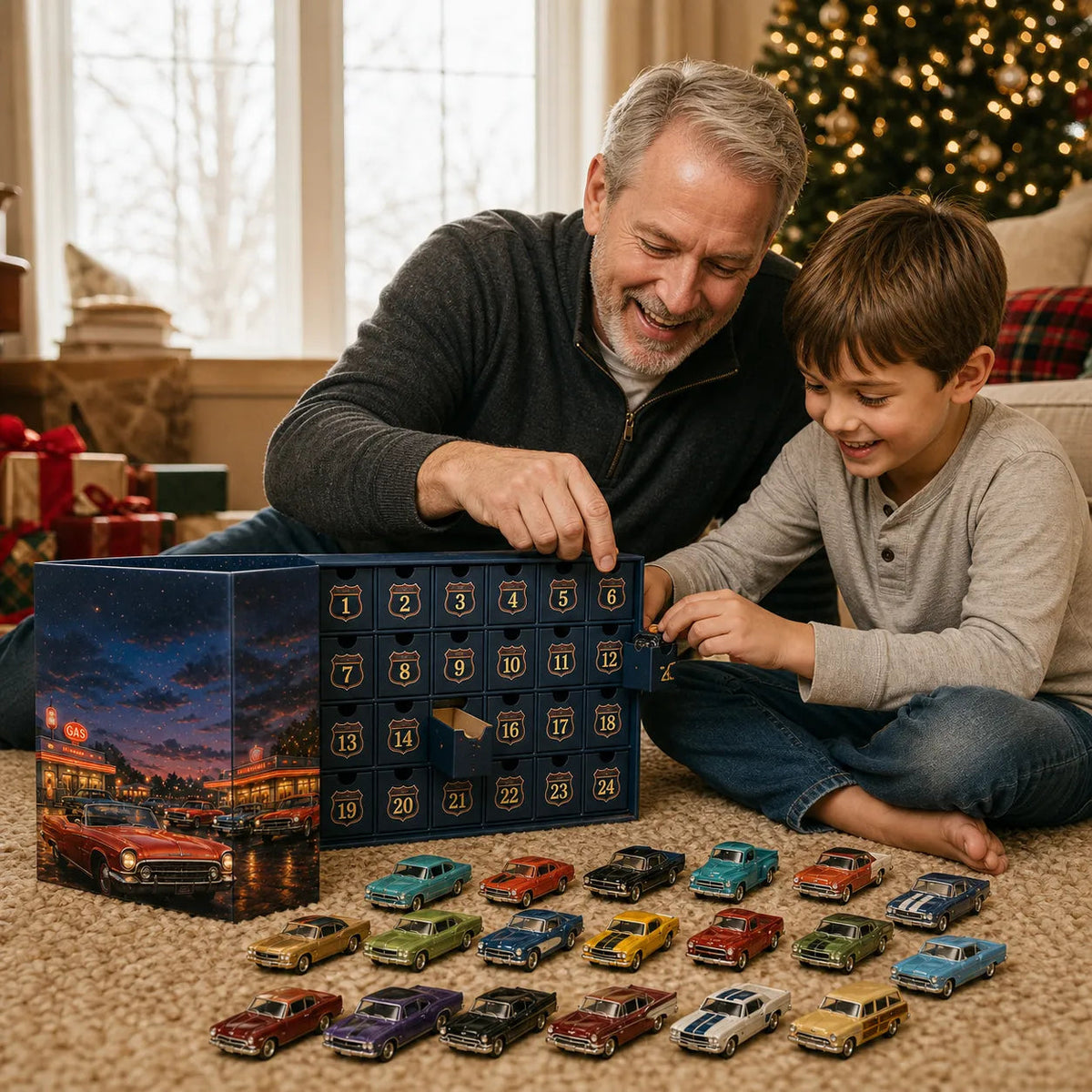 Adventskalender für Auto-Fans | 24 US-Auto-Miniaturen | Sammlerdisplay