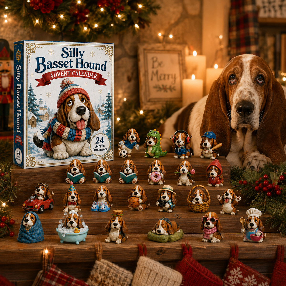 Adventskalender für Basset-Hound-Fans | 24 Acryl-Anhänger | Weihnachtsdesign