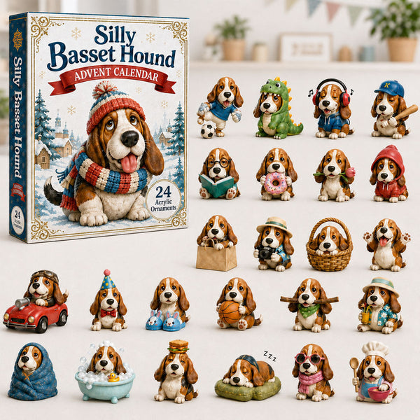 Adventskalender für Basset-Hound-Fans | 24 Acryl-Anhänger | Weihnachtsdesign