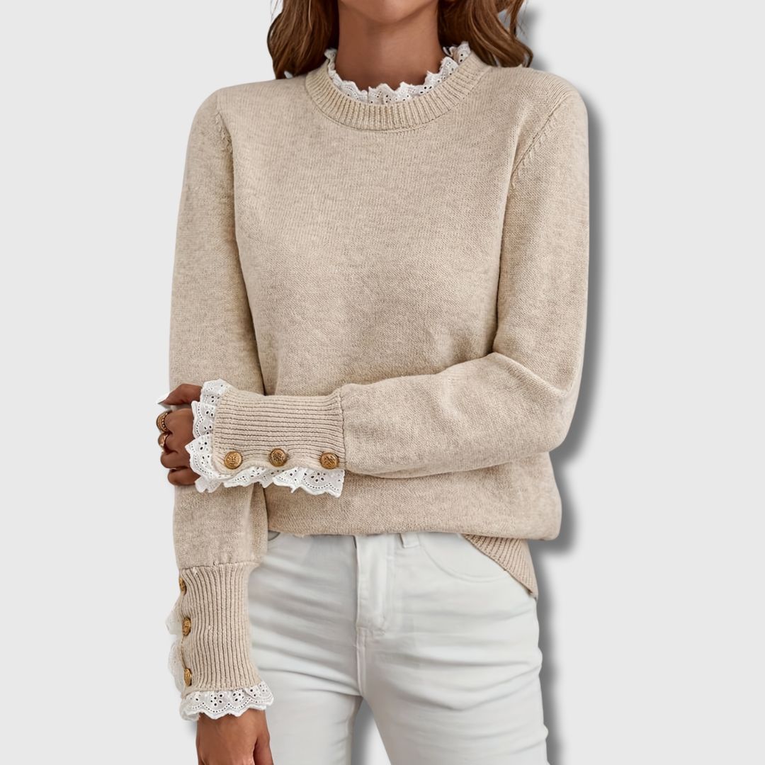 Odalys | Damen Rundhals-Spitzenpullover mit Knöpfen