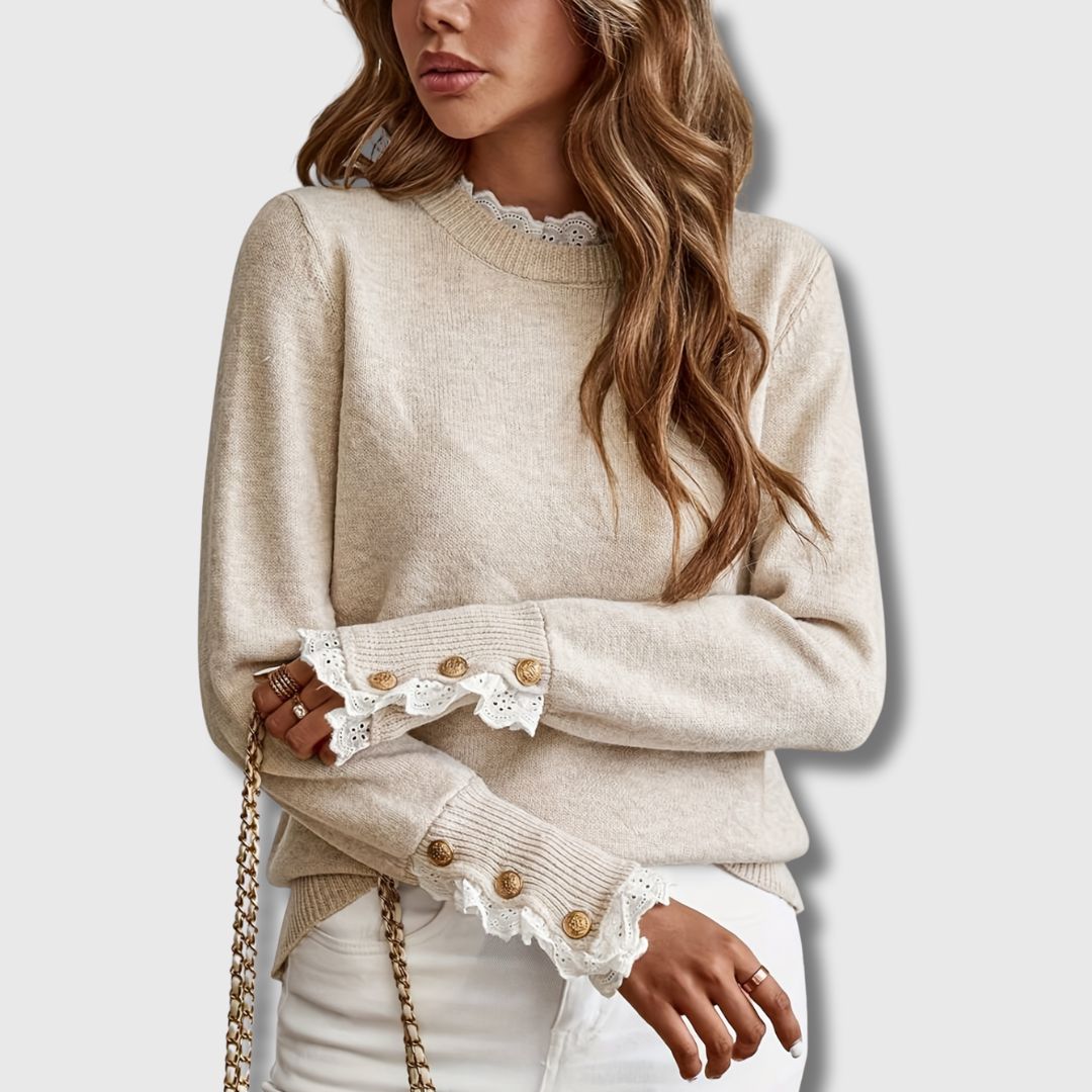 Odalys | Damen Rundhals-Spitzenpullover mit Knöpfen