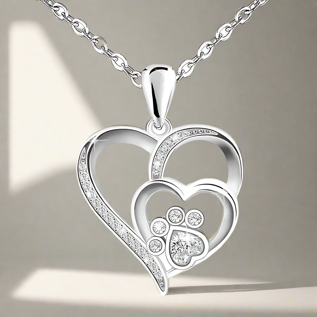 Sterling-Silber Pfoten & Herz Halskette mit Zirkonia