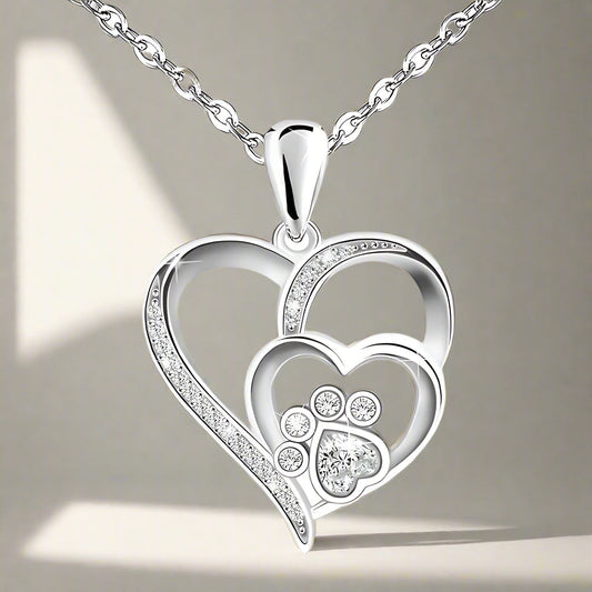 Sterling-Silber Pfoten & Herz Halskette mit Zirkonia