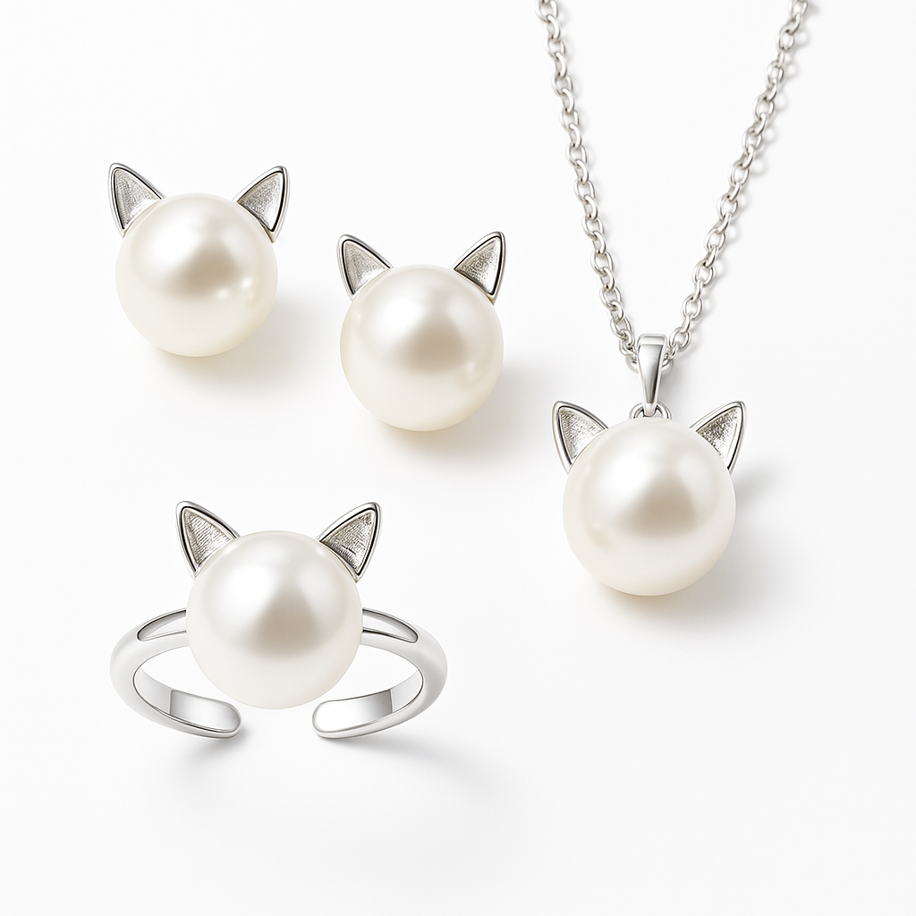 Wunderschönes Perlen-Katzen-Halsketten-Set mit Bonus-Ohrringen + Ring
