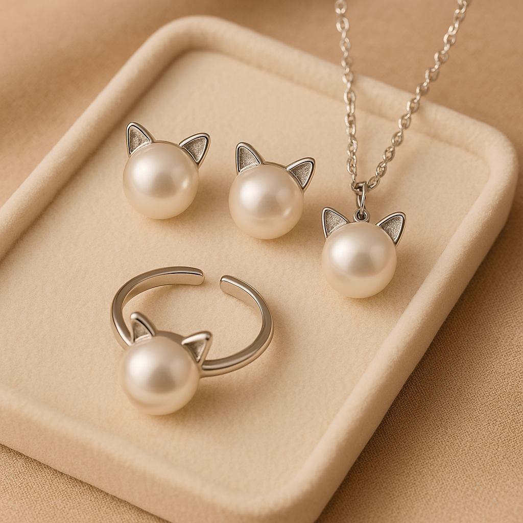 Wunderschönes Perlen-Katzen-Halsketten-Set mit Bonus-Ohrringen + Ring