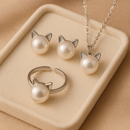Wunderschönes Perlen-Katzen-Halsketten-Set mit Bonus-Ohrringen + Ring