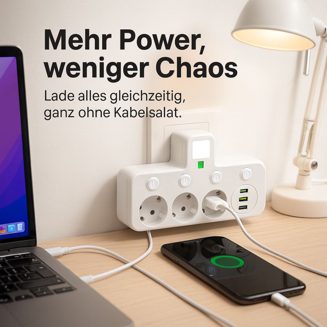 PowerGrid | Steckdosenleiste mit 3 Steckdose | Mehrfachsteckdose mit USB & Schalter