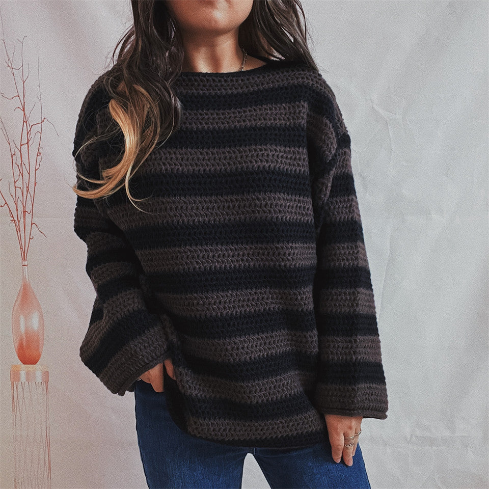 Damen gestreifter Pullover mit Rundhalsausschnitt und langen Ärmeln