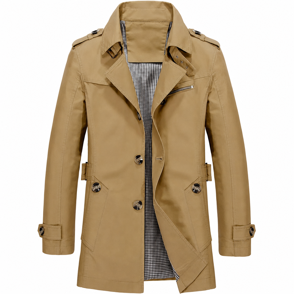 Alpaslan – Kurzer Trenchcoat mit Reverskragen und Knopfleiste