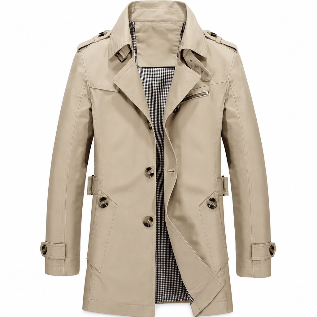 Alpaslan – Kurzer Trenchcoat mit Reverskragen und Knopfleiste
