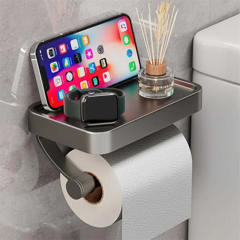Toilettenpapierhalter | Ablage für Handy & Zubehör | Platzsparend | ShelfRoll
